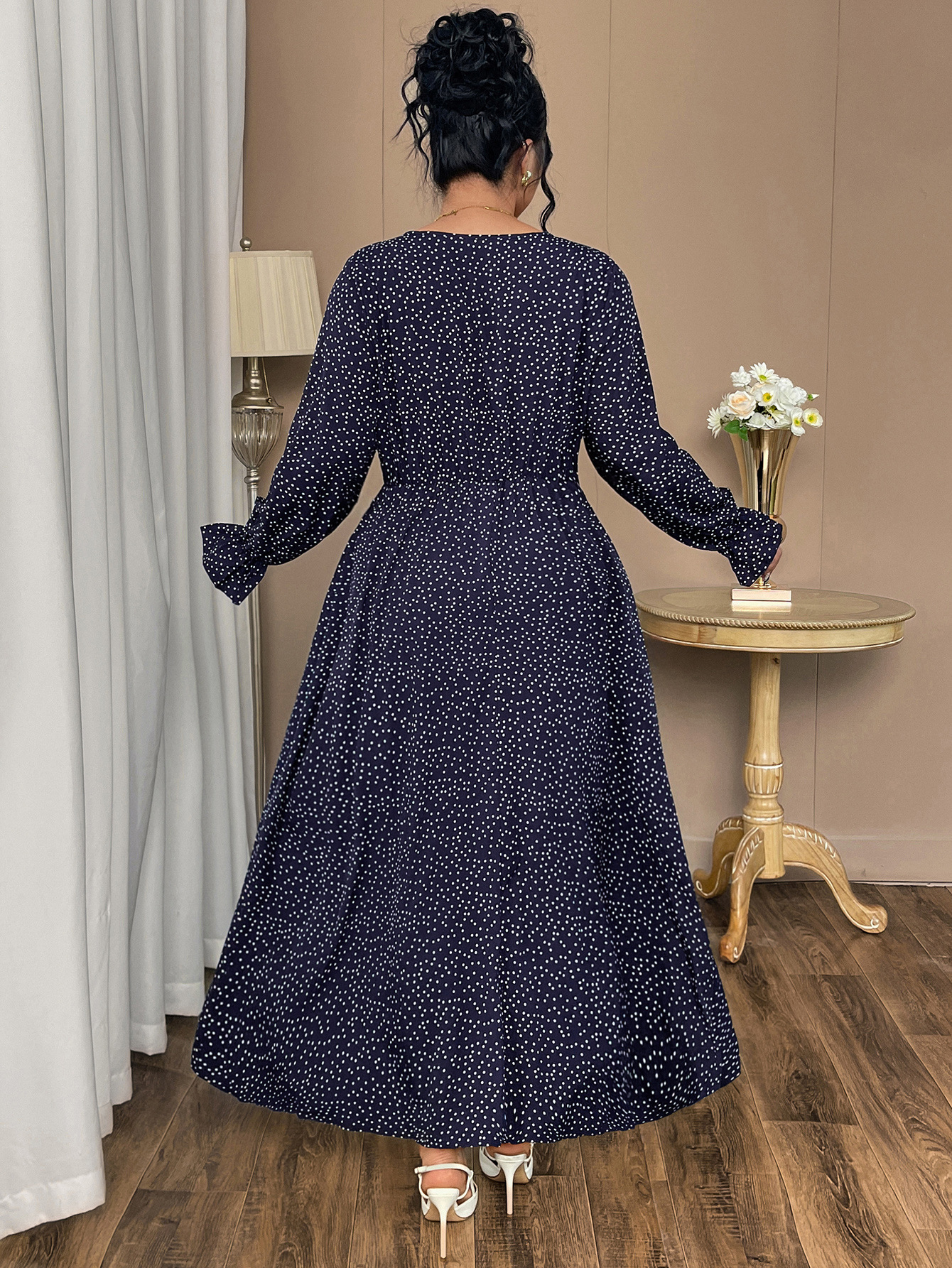 Polka Dot Tie Neck Long Sleeve Maxi Dress | Year-Round Casual Curvy A-Line Dress