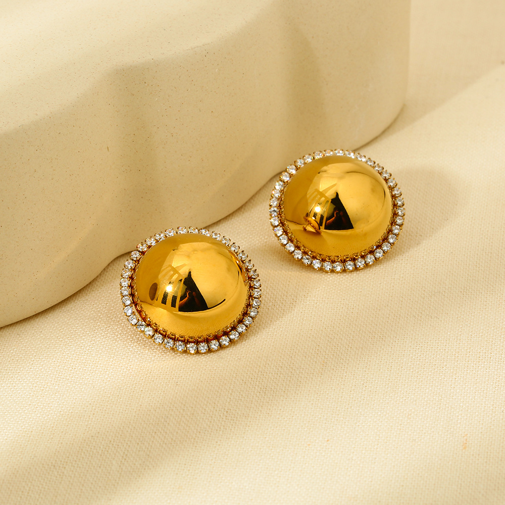 Dome Ball Halo Zircon Border Gold Statement Stud Earrings
