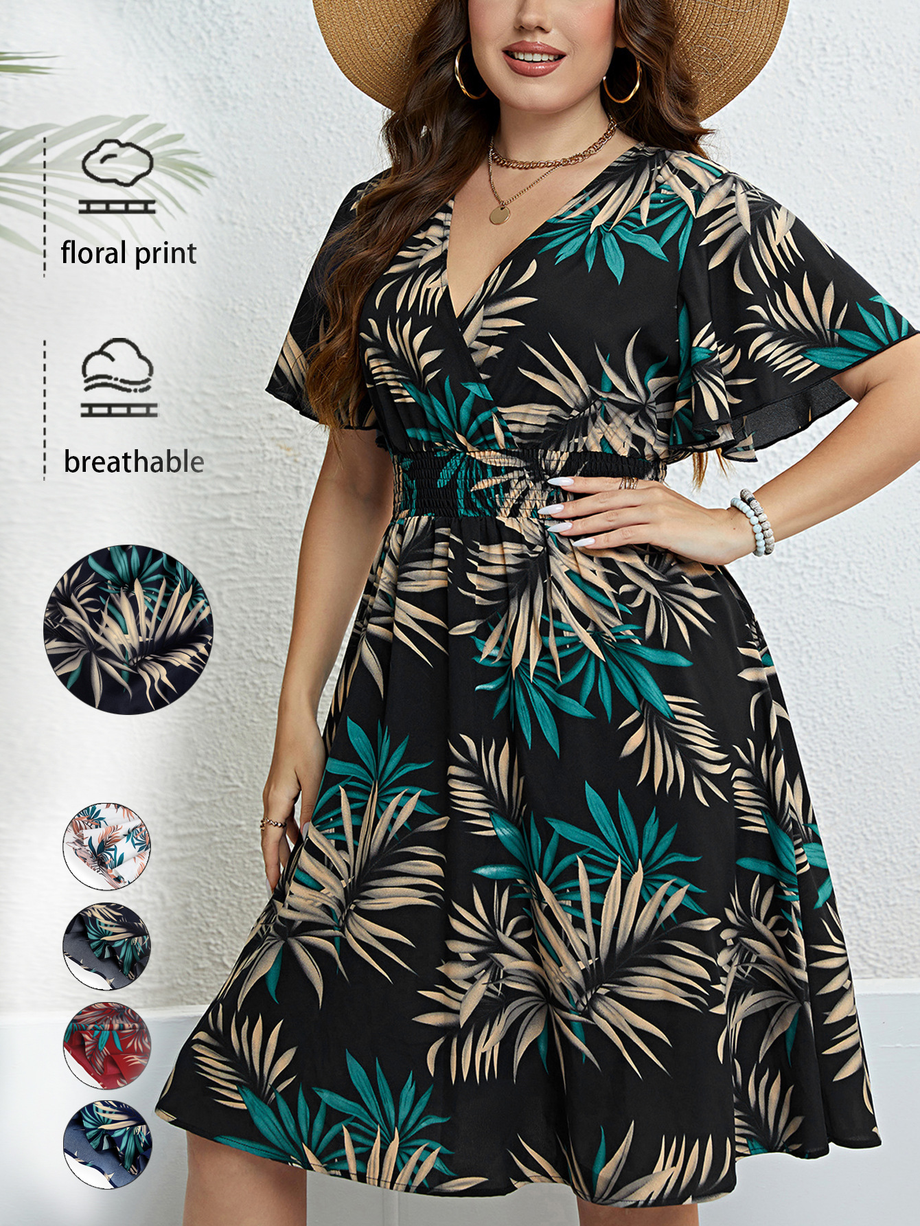 Tropical Palm Print Surplice V-Neck Flutter Sleeve Midi Dress | Curvy Vacation Casual Dress