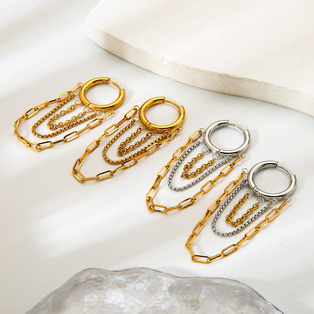 Two-Tone Multi Layer Chain Tassel Hoop Earrings