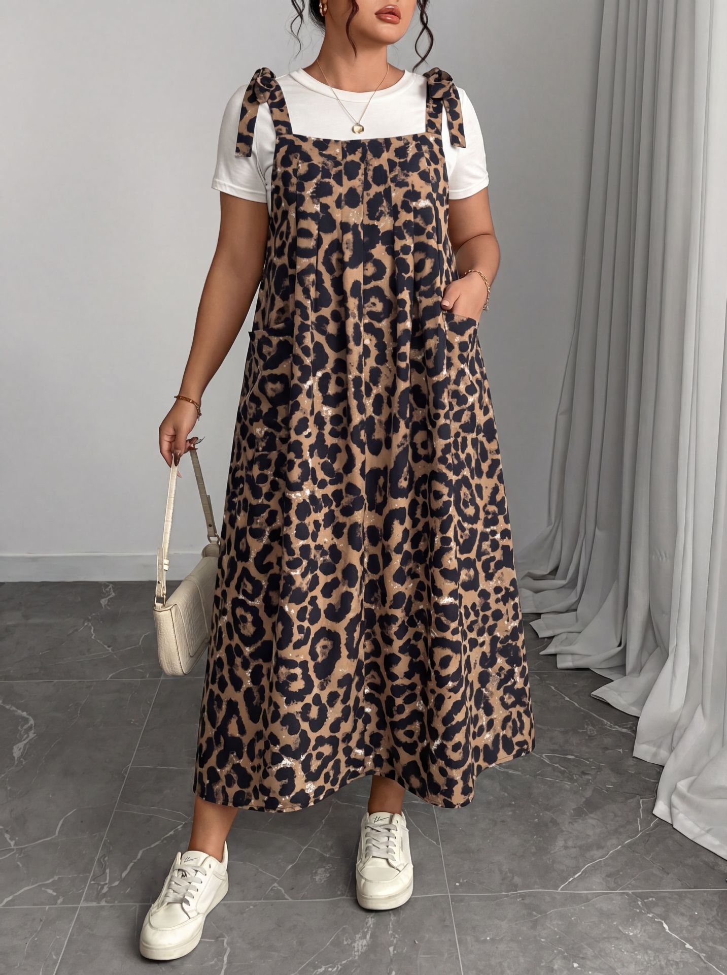 Tie Shoulder Pleated Maxi Pinafore Dress | Year-Round Casual Loose Fit Curvy Overall Dress