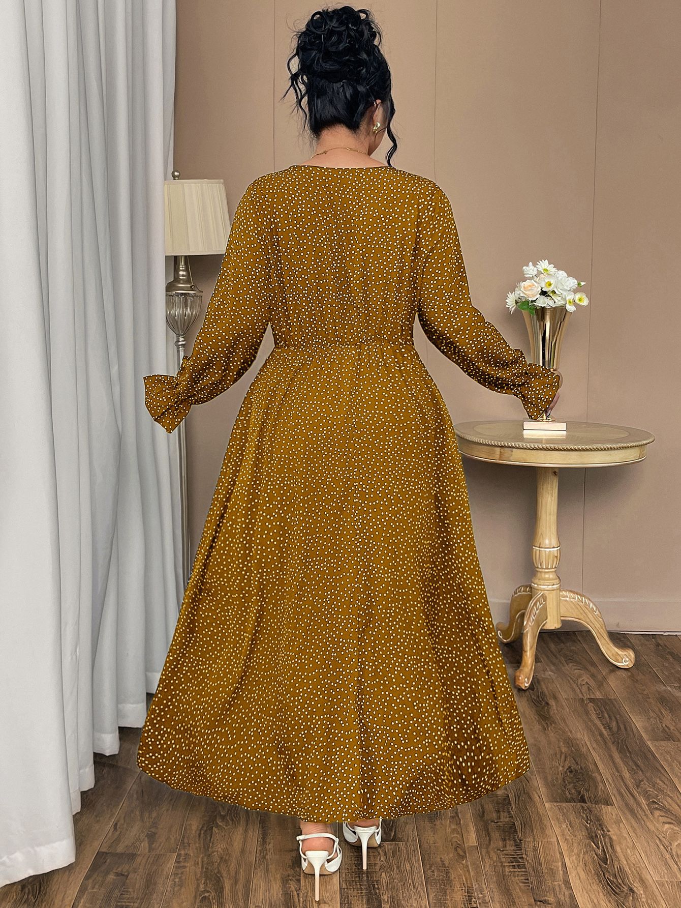 Polka Dot Tie Neck Long Sleeve Maxi Dress | Year-Round Casual Curvy A-Line Dress