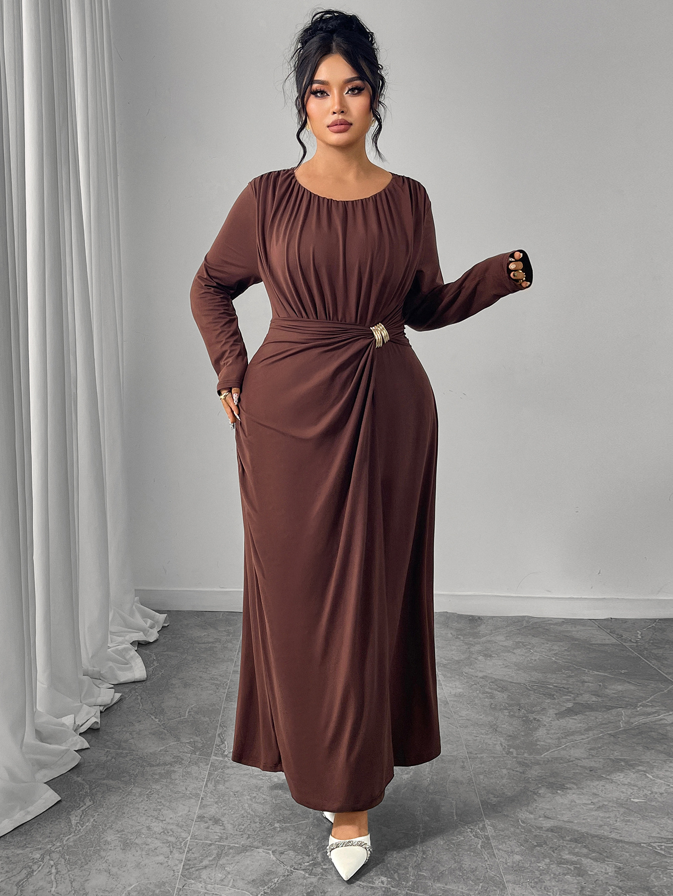 Ruched Waist Long Sleeve Maxi Dress | Elegant Curvy Formal Dress