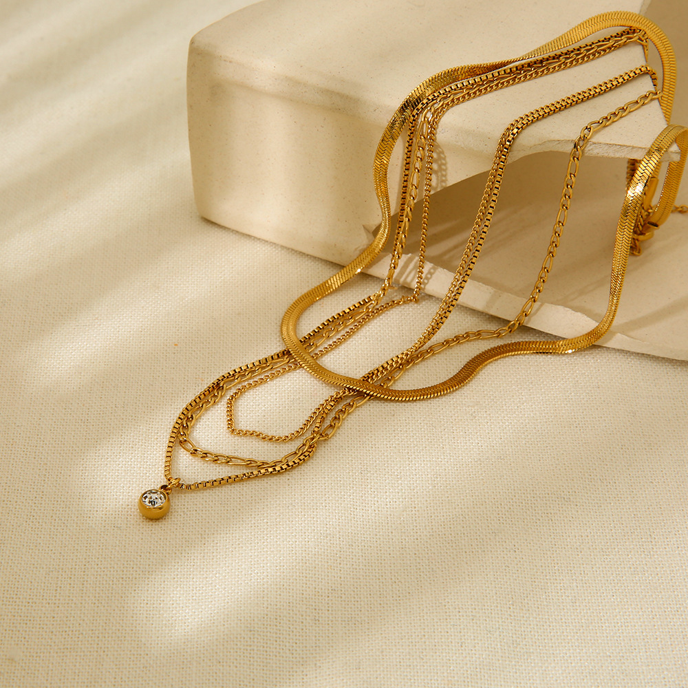 Four-Tier Mixed Chain Necklace with Bezel Crystal Drop