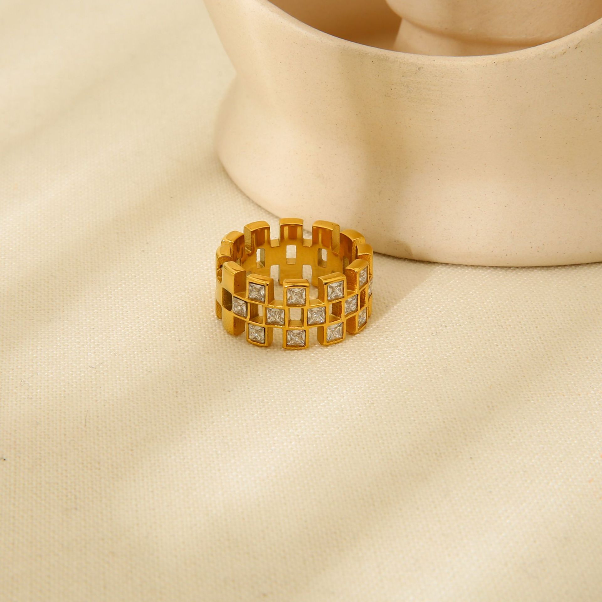 Hollow Grid Cubic Zirconia Wide Band Ring
