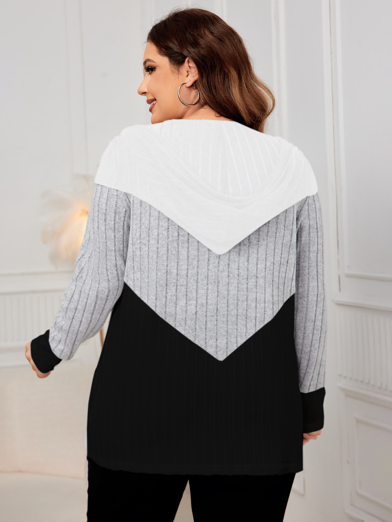 Colorblock Ribbed Knit Zip-Up Hoodie | Casual Curvy Long Sleeve Jacket