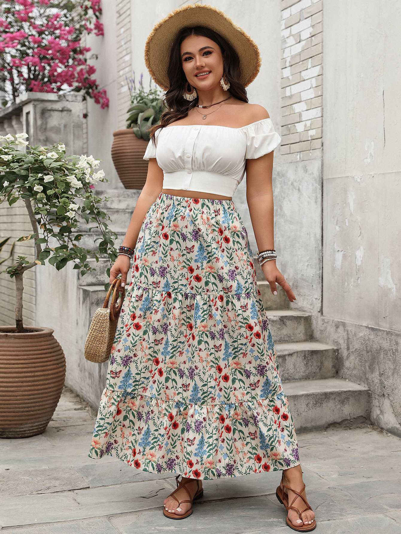 Floral Print Tiered Maxi Skirt | Casual Boho Curvy Skirt