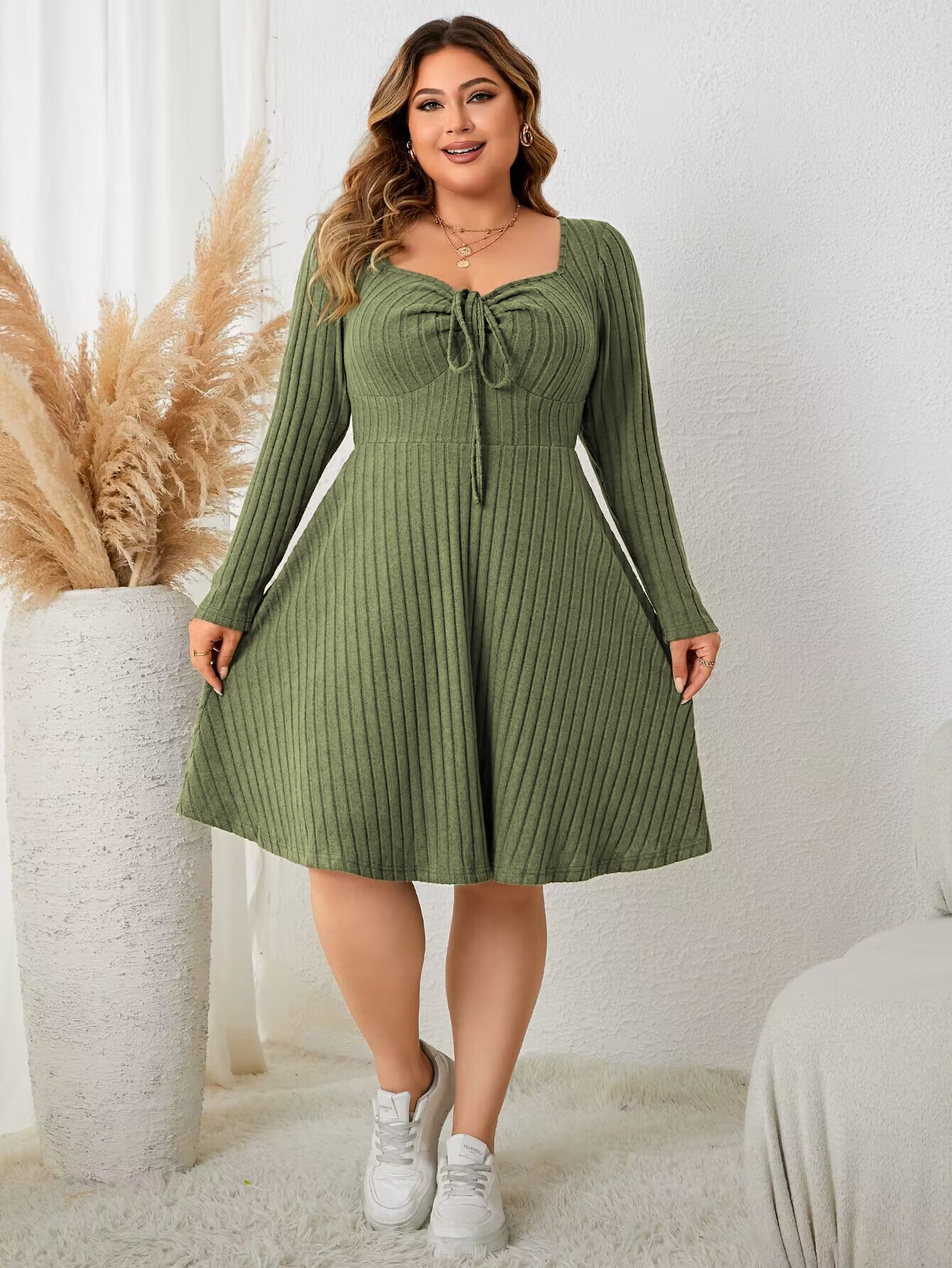 Ribbed Knit Drawstring V-Neck Long Sleeve A-Line Dress | Casual Curvy Sweater Dress