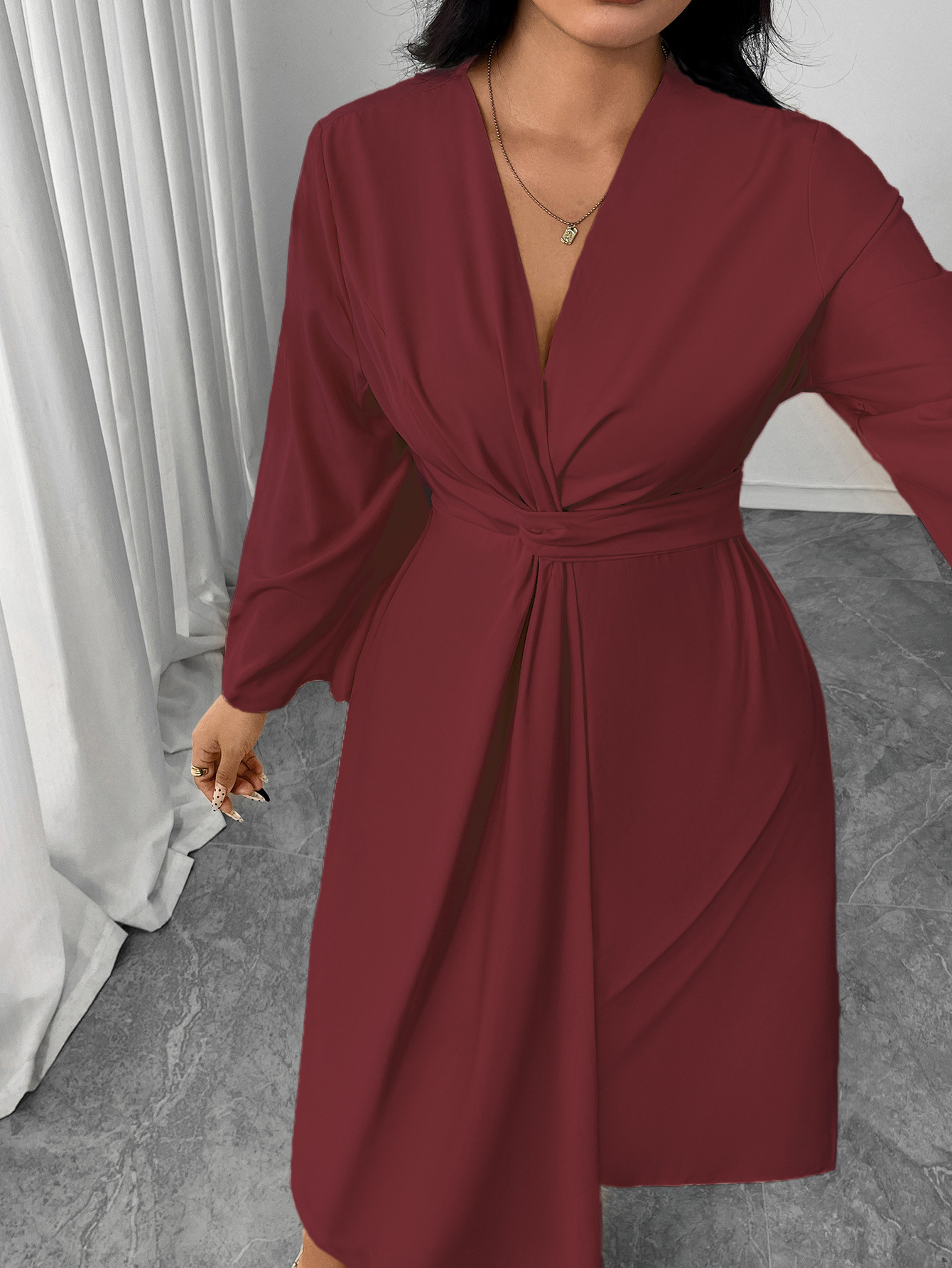 Twist Waist V-Neck Long Sleeve Midi Dress | Elegant Office Casual Curvy Wrap Dress