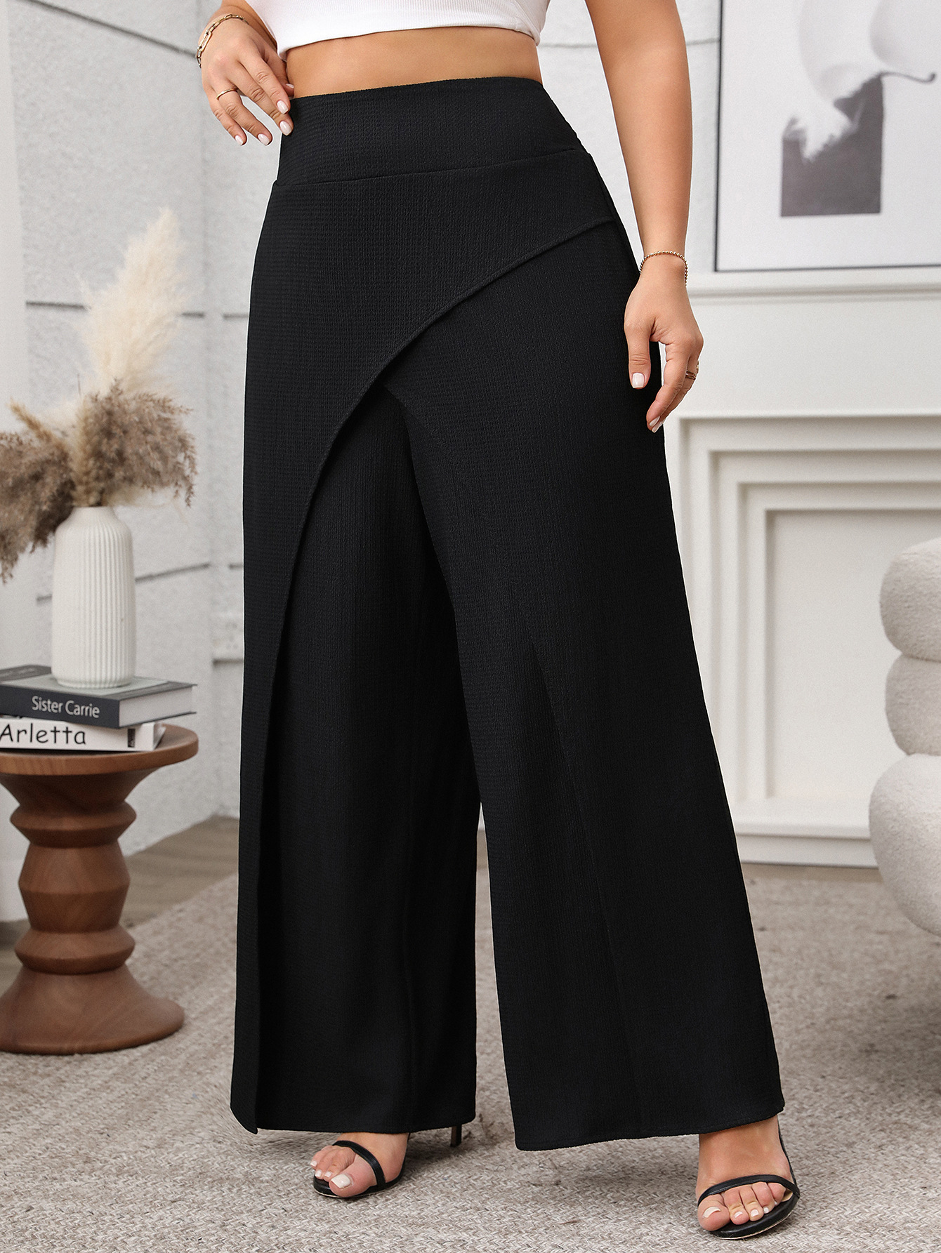 High Waisted Crisscross Front Slit Wide Leg Pants | Curvy Women's Flowy Palazzo Trousers