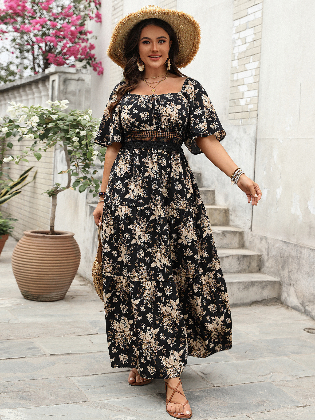 Square Neck Lace Trim Tiered Maxi Dress | 2025 Spring Summer Boho Casual Curvy Dress