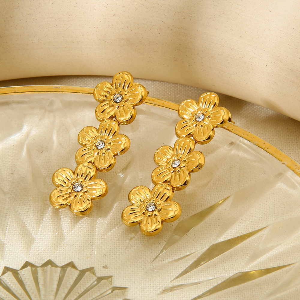 Triple Flower Crystal Drop Dangle Earrings