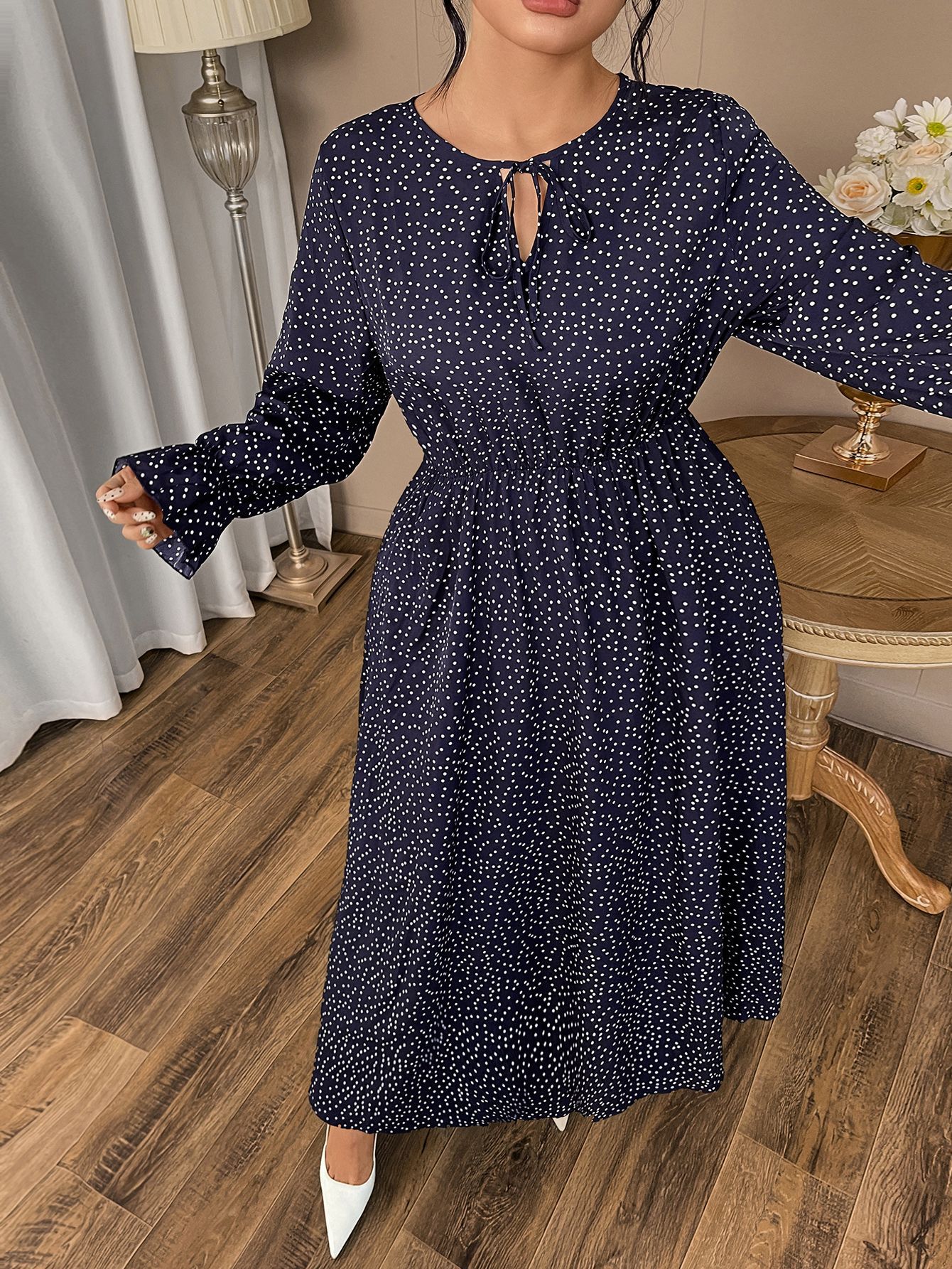 Polka Dot Tie Neck Long Sleeve Maxi Dress | Year-Round Casual Curvy A-Line Dress
