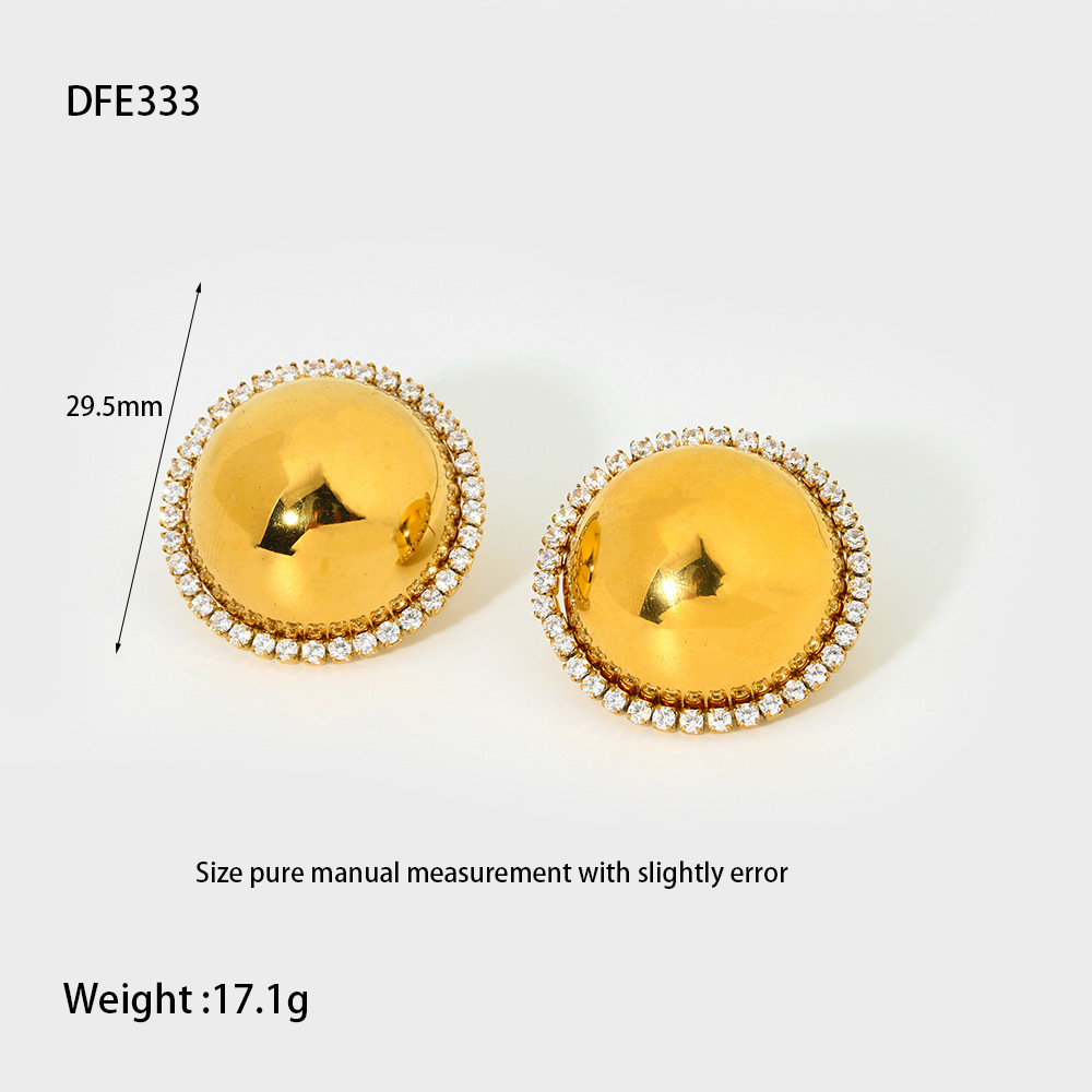 Dome Ball Halo Zircon Border Gold Statement Stud Earrings