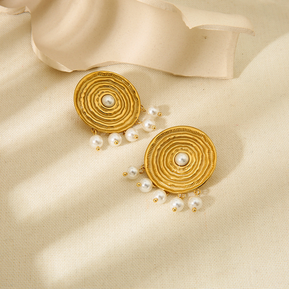 Vintage Concentric Disc Pearl Drop Stud Earrings