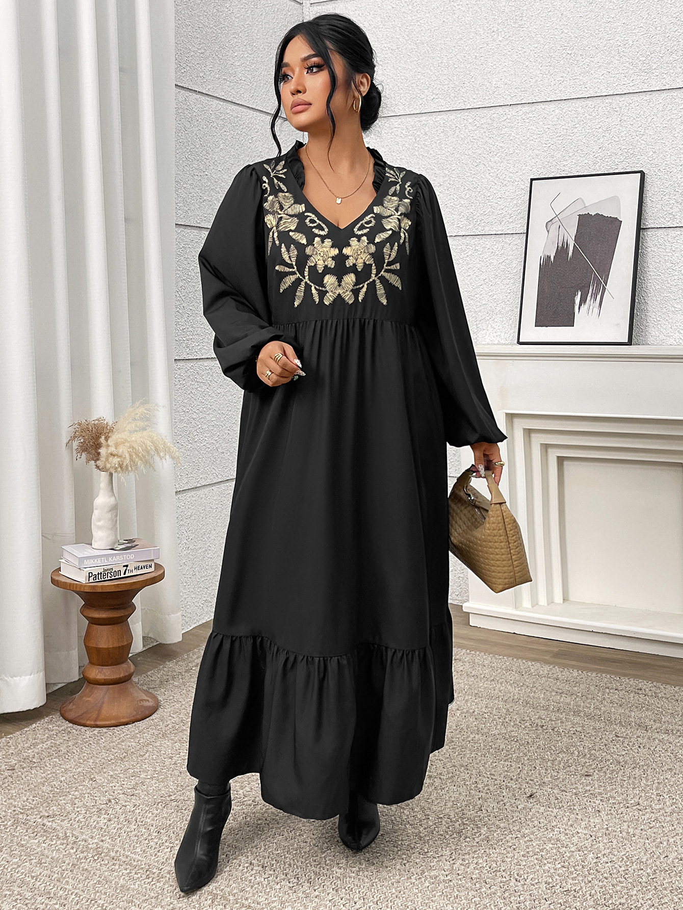 Gold Floral Embroidered V-Neck Ruffle Hem Maxi Dress | Casual Loose Curvy Dress