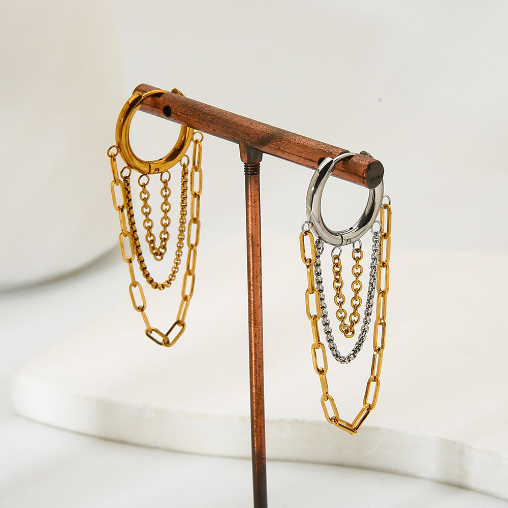 Two-Tone Multi Layer Chain Tassel Hoop Earrings