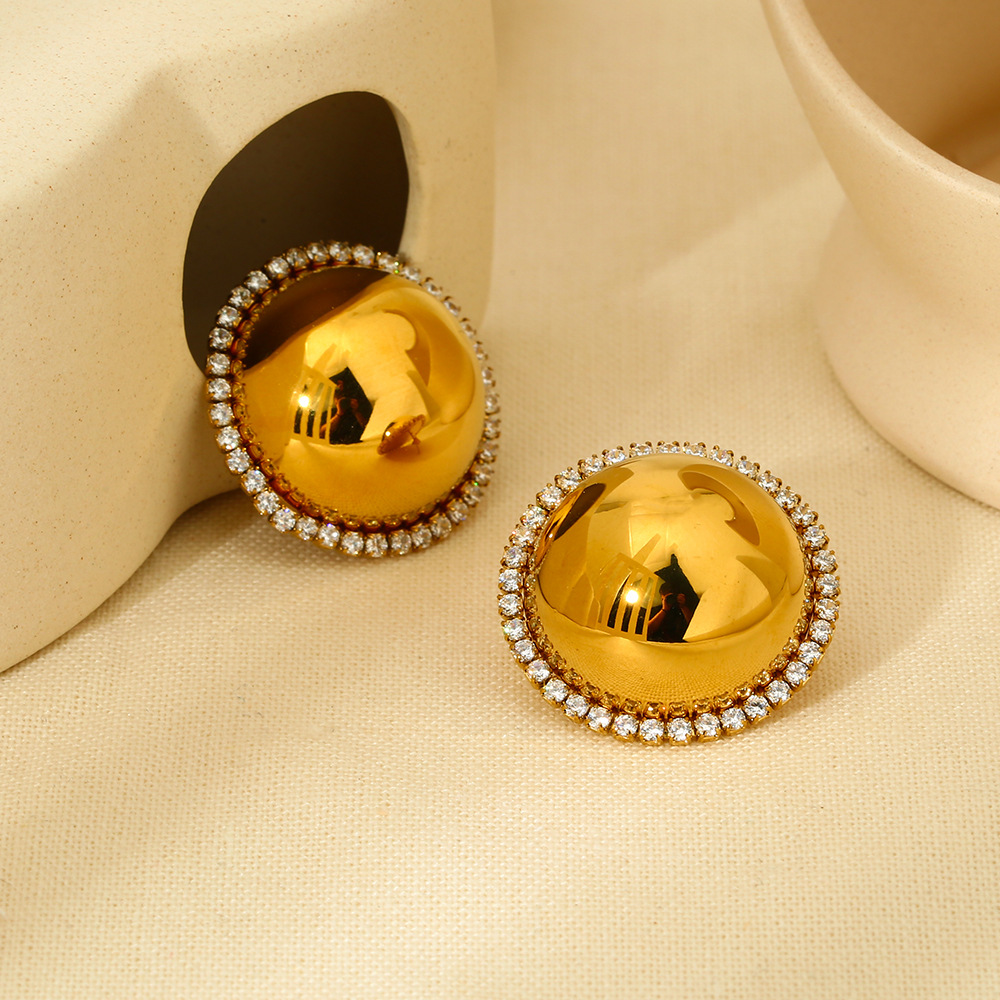 Dome Ball Halo Zircon Border Gold Statement Stud Earrings