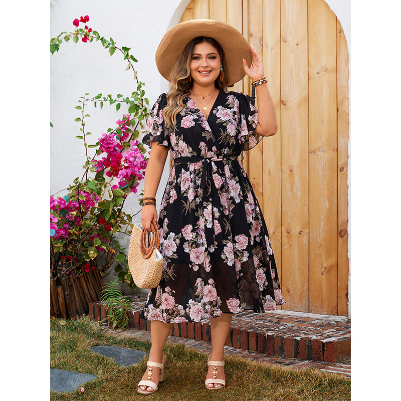 Floral Wrap V-Neck Chiffon Midi Dress | Curvy Women's Flowy Short Sleeve Dress