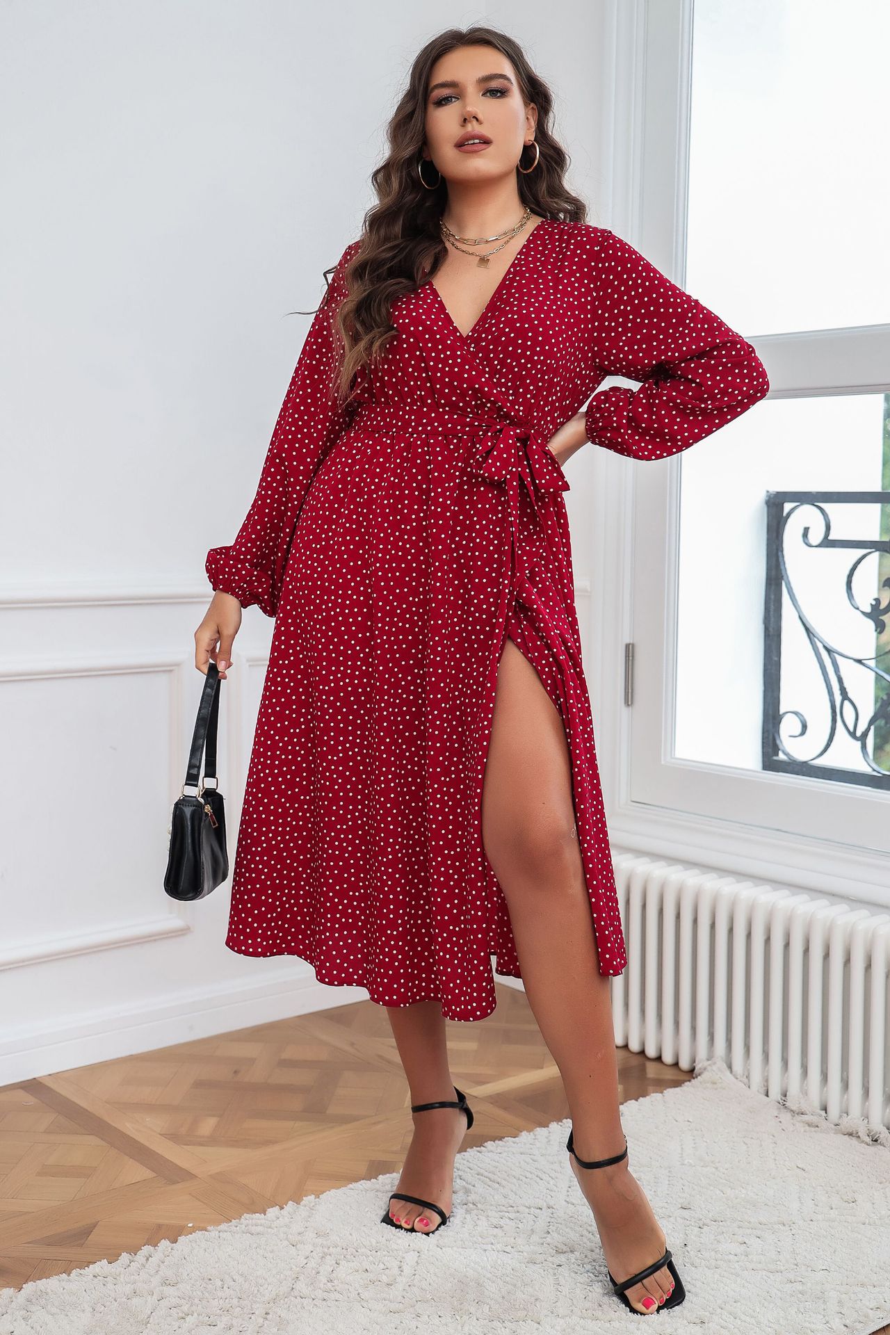 Polka Dot Wrap V-Neck Long Sleeve Midi Dress | Curvy Women's Flowy Slit Dress