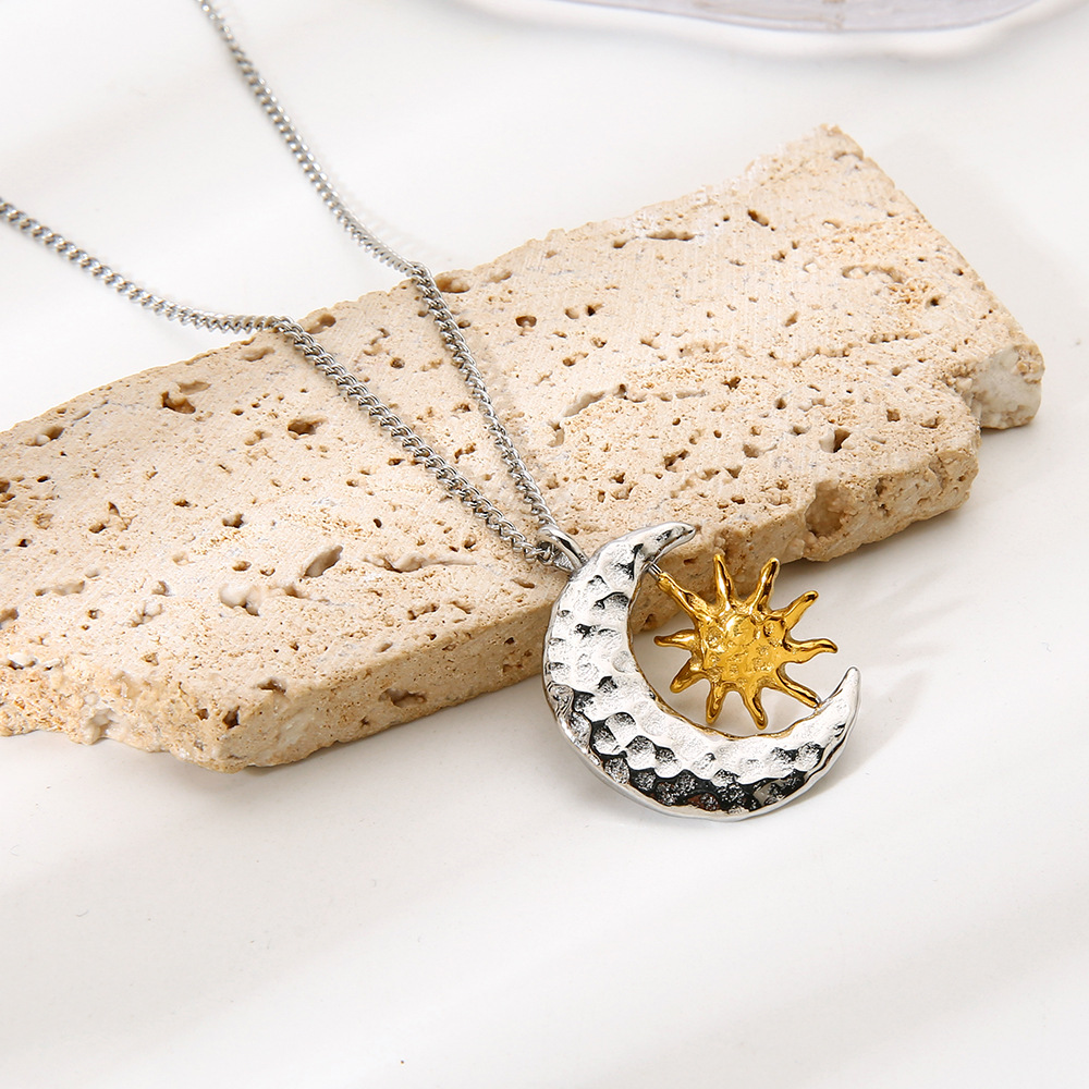 Rotating Sun & Moon Hammered Crescent Necklace