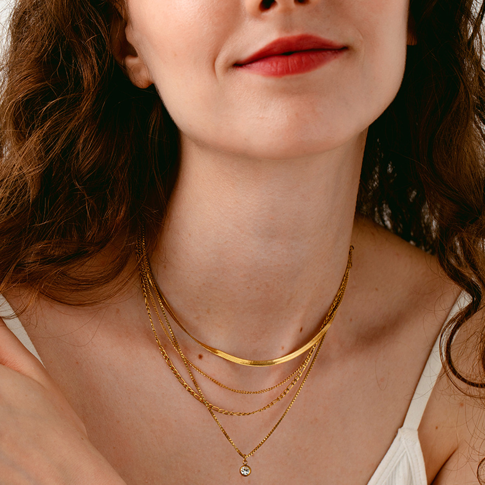 Four-Tier Mixed Chain Necklace with Bezel Crystal Drop