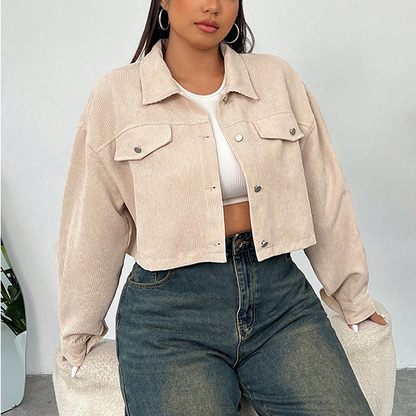 Corduroy Cropped Button-Down Jacket | Casual Plus Size Trucker Coat
