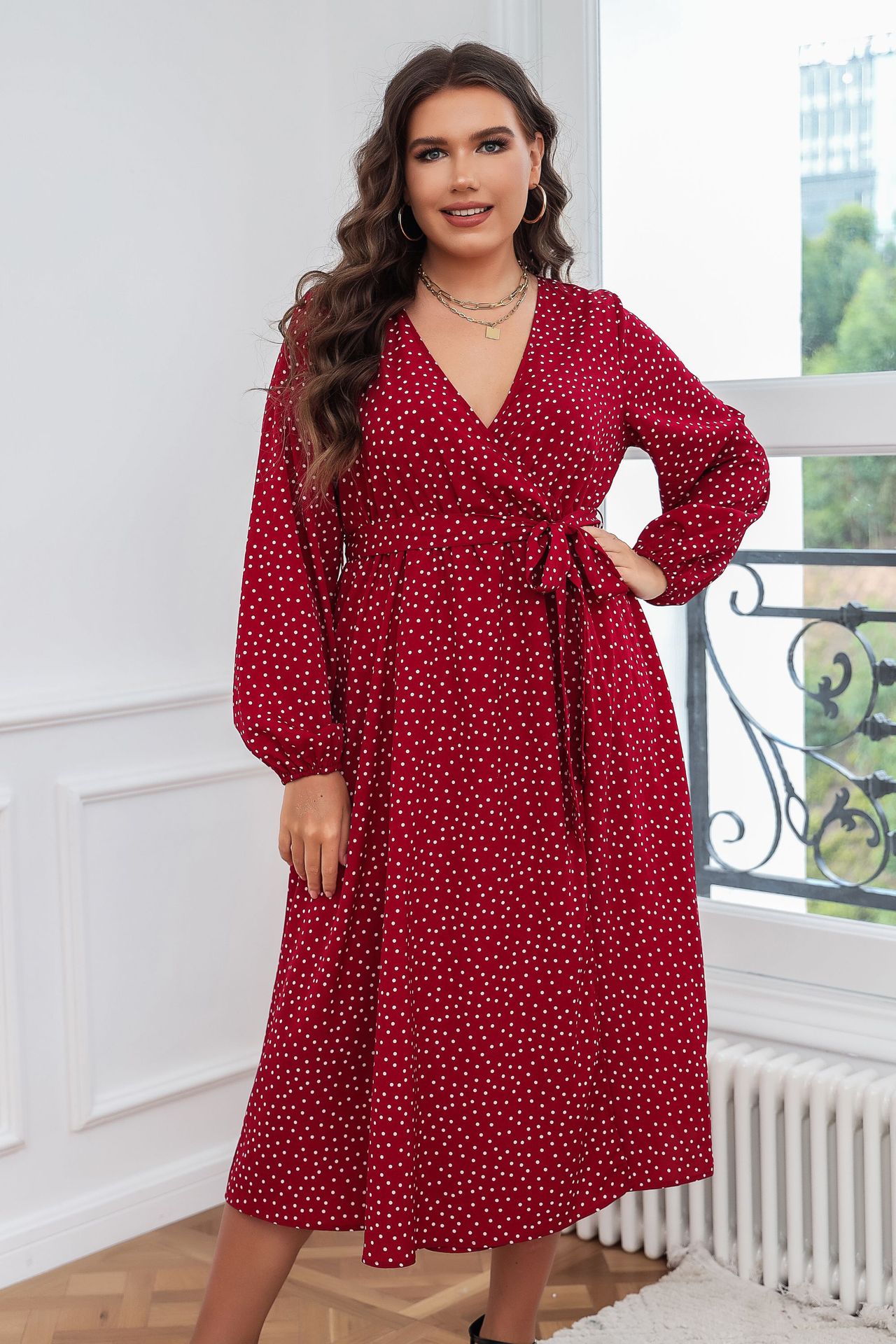 Polka Dot Wrap V-Neck Long Sleeve Midi Dress | Curvy Women's Flowy Slit Dress