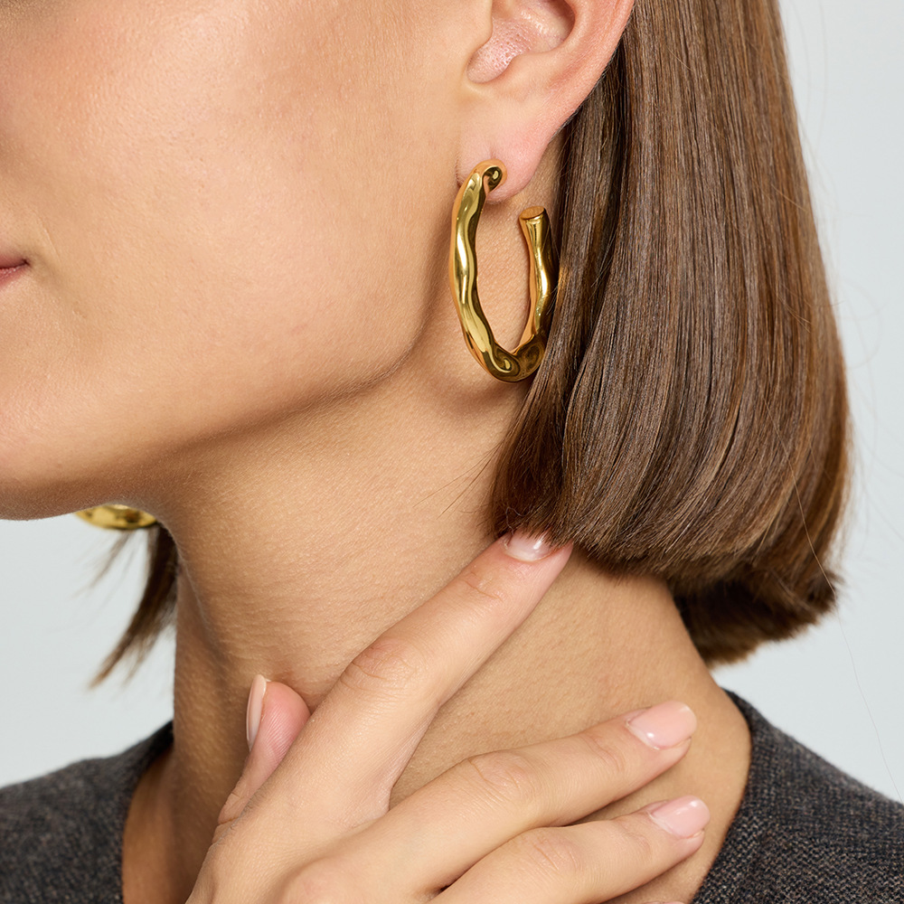 Hammered Irregular Open Hoop 18K Gold Earrings