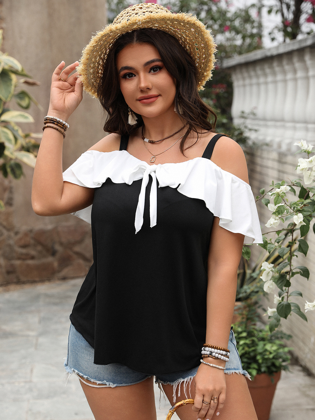 Black & White Off-Shoulder Ruffle Bow Top | Curvy Summer Casual Blouse