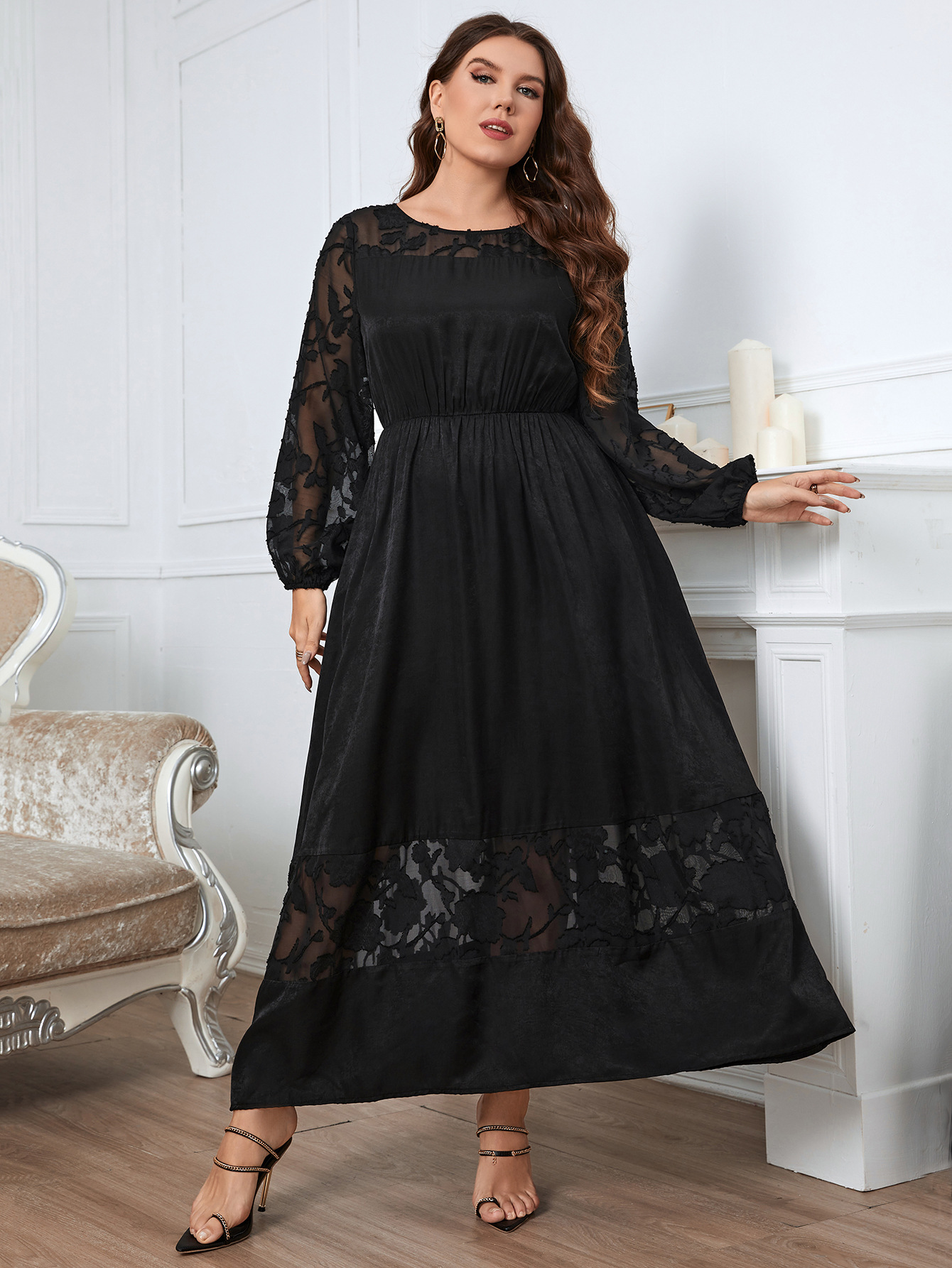 Lace Panel Long Sleeve Maxi Dress | Elegant Black Curvy Evening Dress