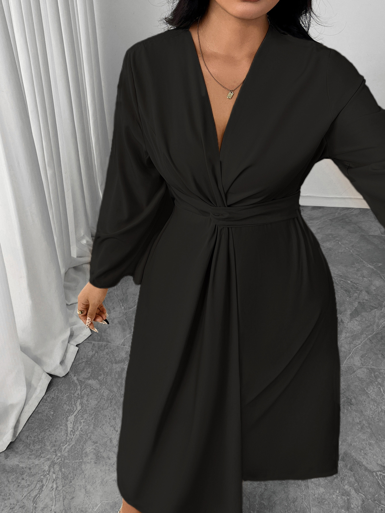 Twist Waist V-Neck Long Sleeve Midi Dress | Elegant Office Casual Curvy Wrap Dress