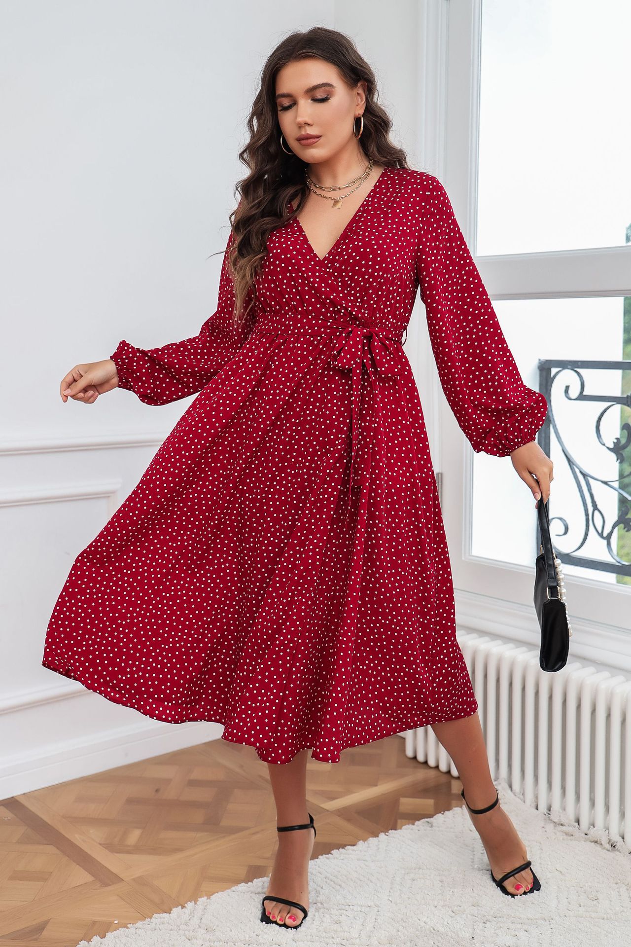 Polka Dot Wrap V-Neck Long Sleeve Midi Dress | Curvy Women's Flowy Slit Dress