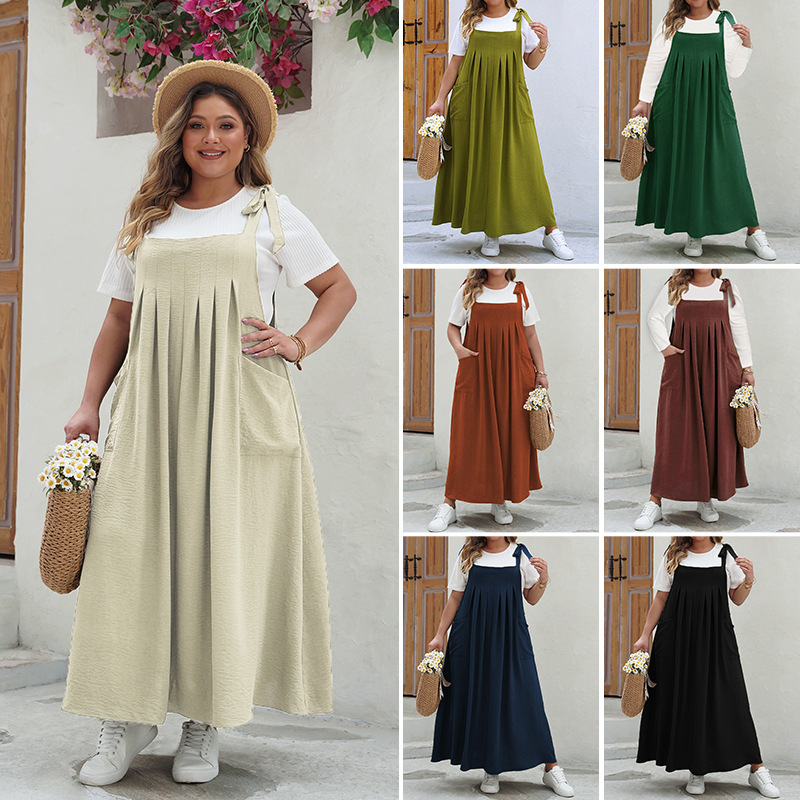 Tie Shoulder Pleated Maxi Pinafore Dress | Year-Round Casual Loose Fit Curvy Overall Dress
