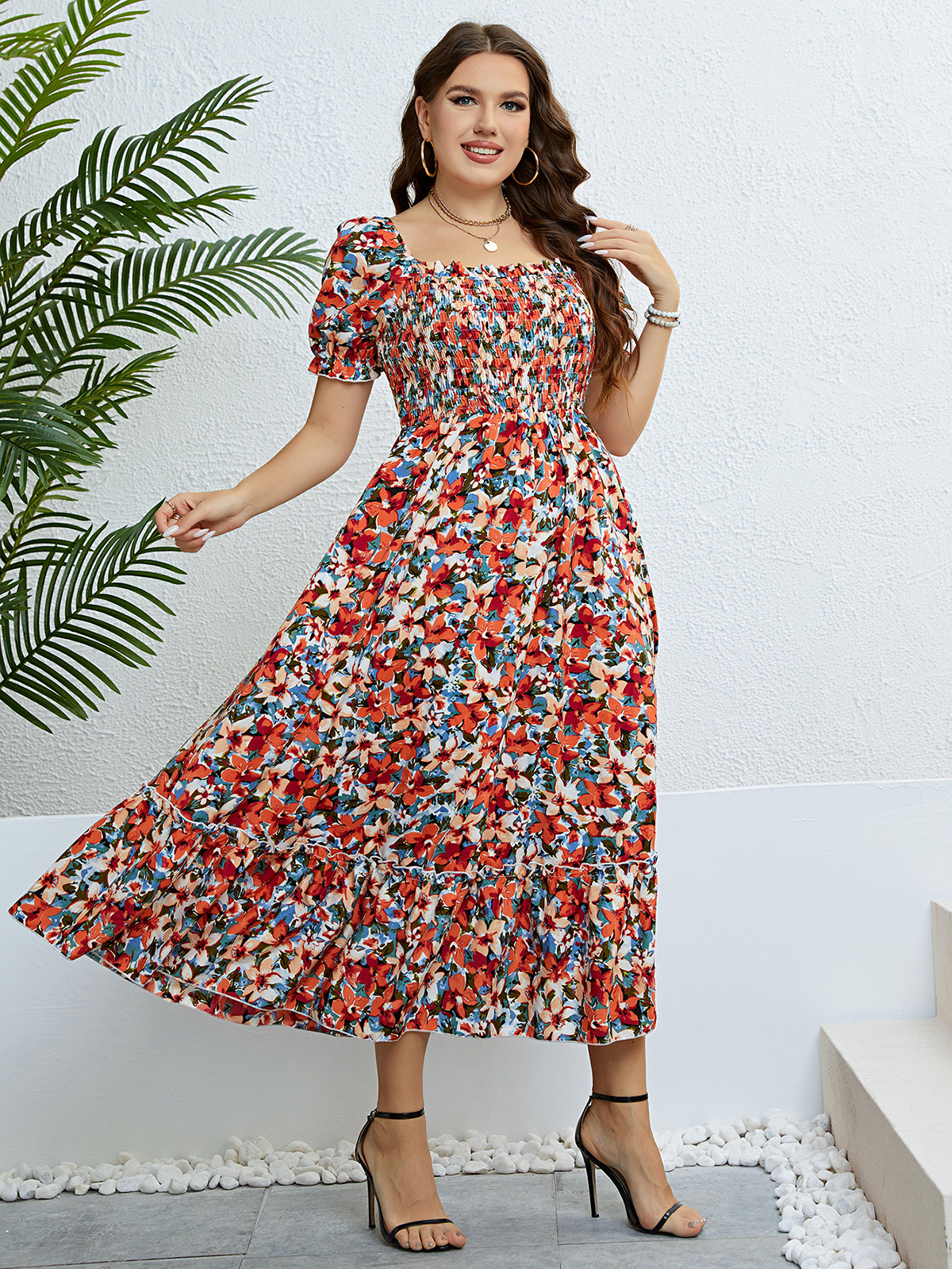Floral Print Square Neck Smocked Waist Maxi Dress | Casual Curvy Summer Dress