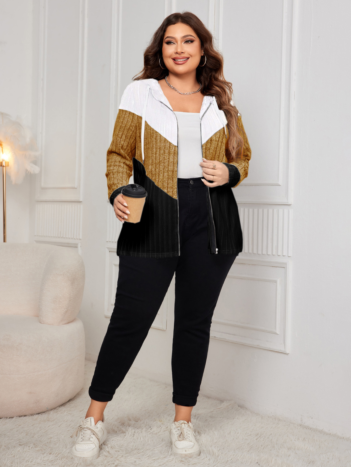 Colorblock Ribbed Knit Zip-Up Hoodie | Casual Curvy Long Sleeve Jacket