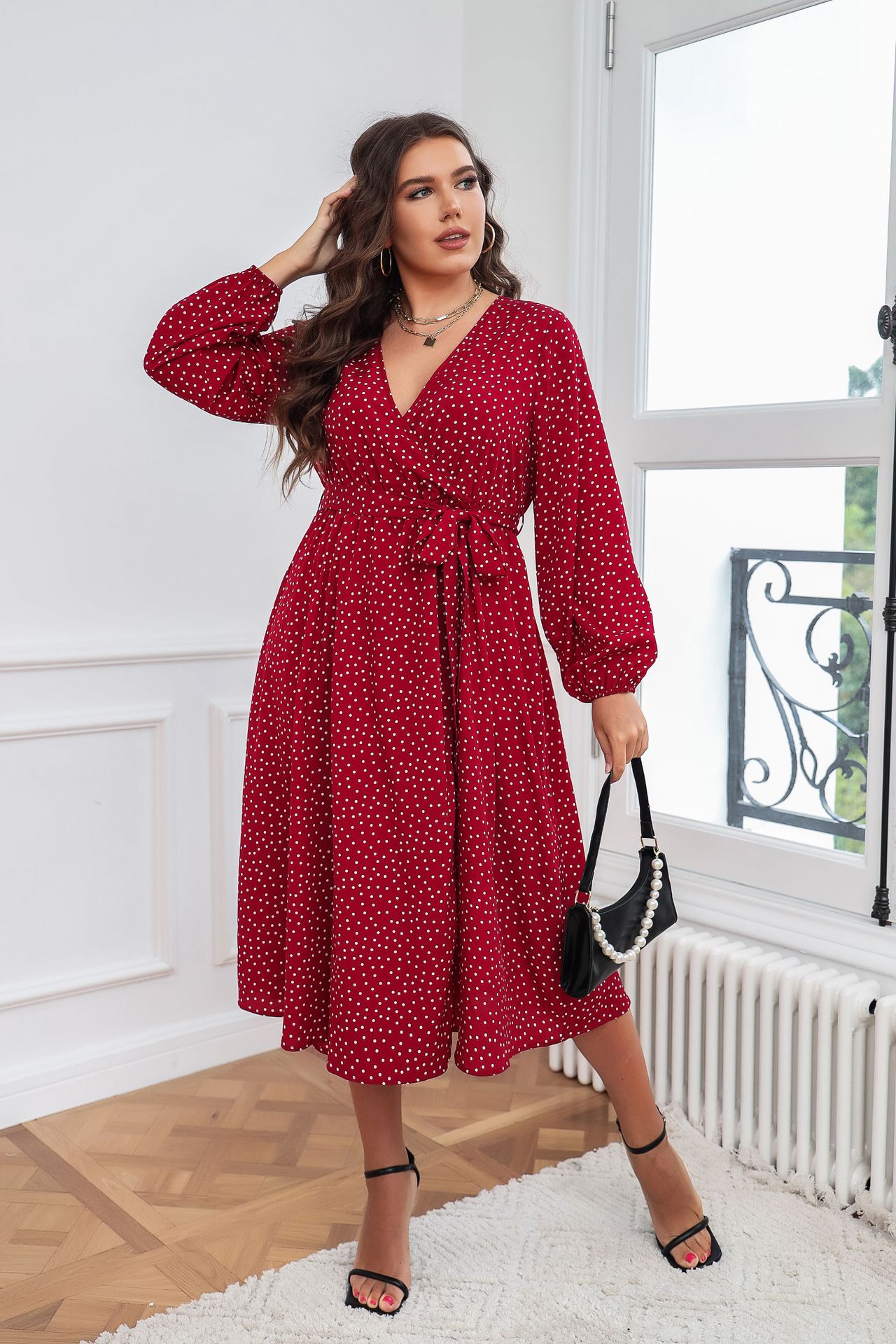 Polka Dot Wrap V-Neck Long Sleeve Midi Dress | Curvy Women's Flowy Slit Dress