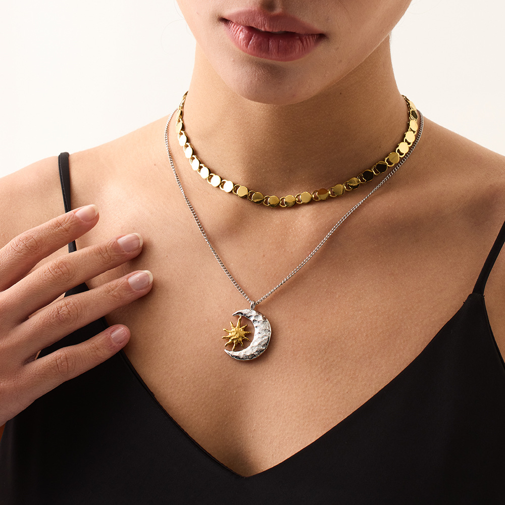 Rotating Sun & Moon Hammered Crescent Necklace