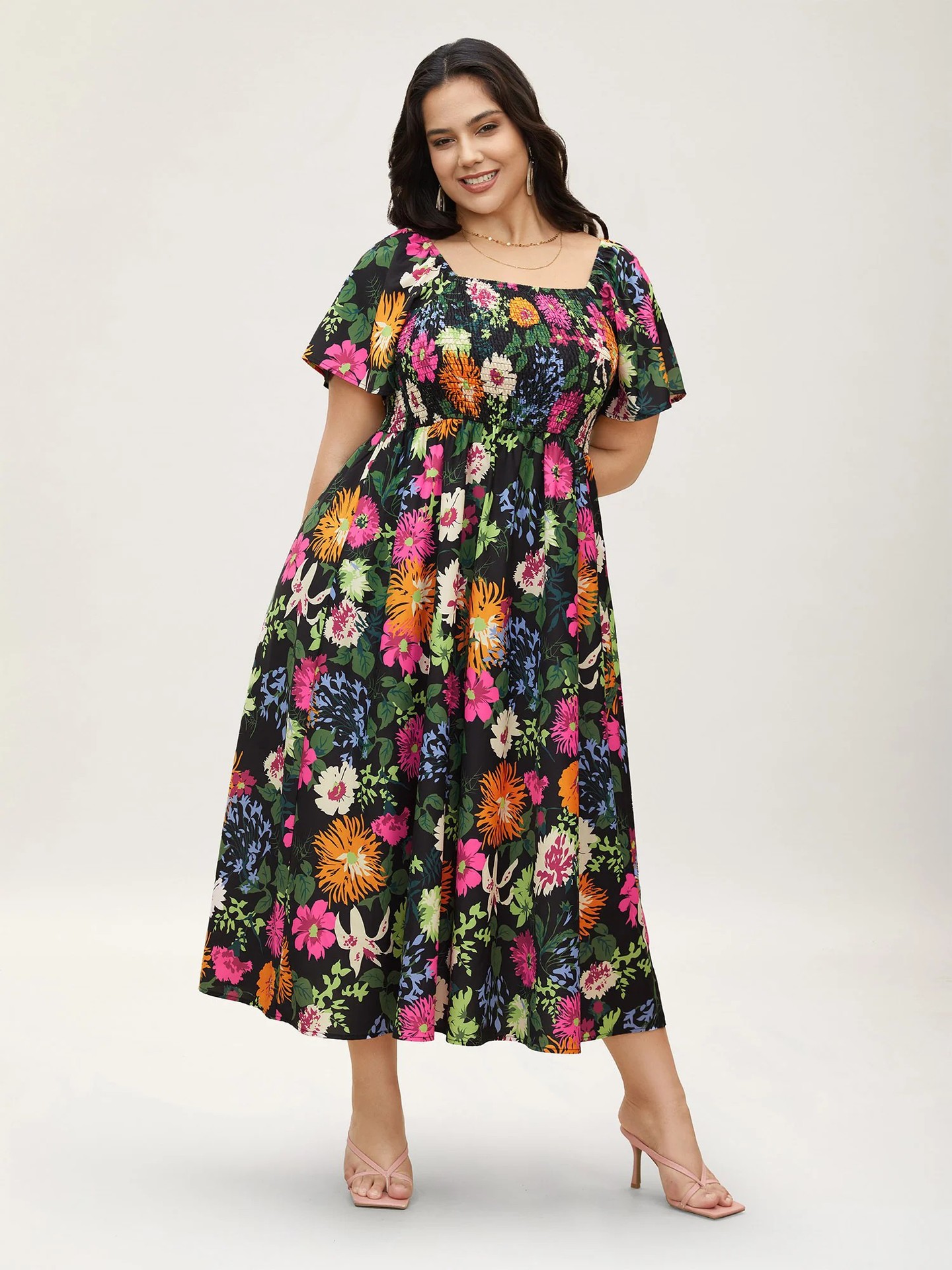Floral Square Neck Smocked Puff Sleeve Midi Dress | Curvy Women's Casual & Vacation Dress