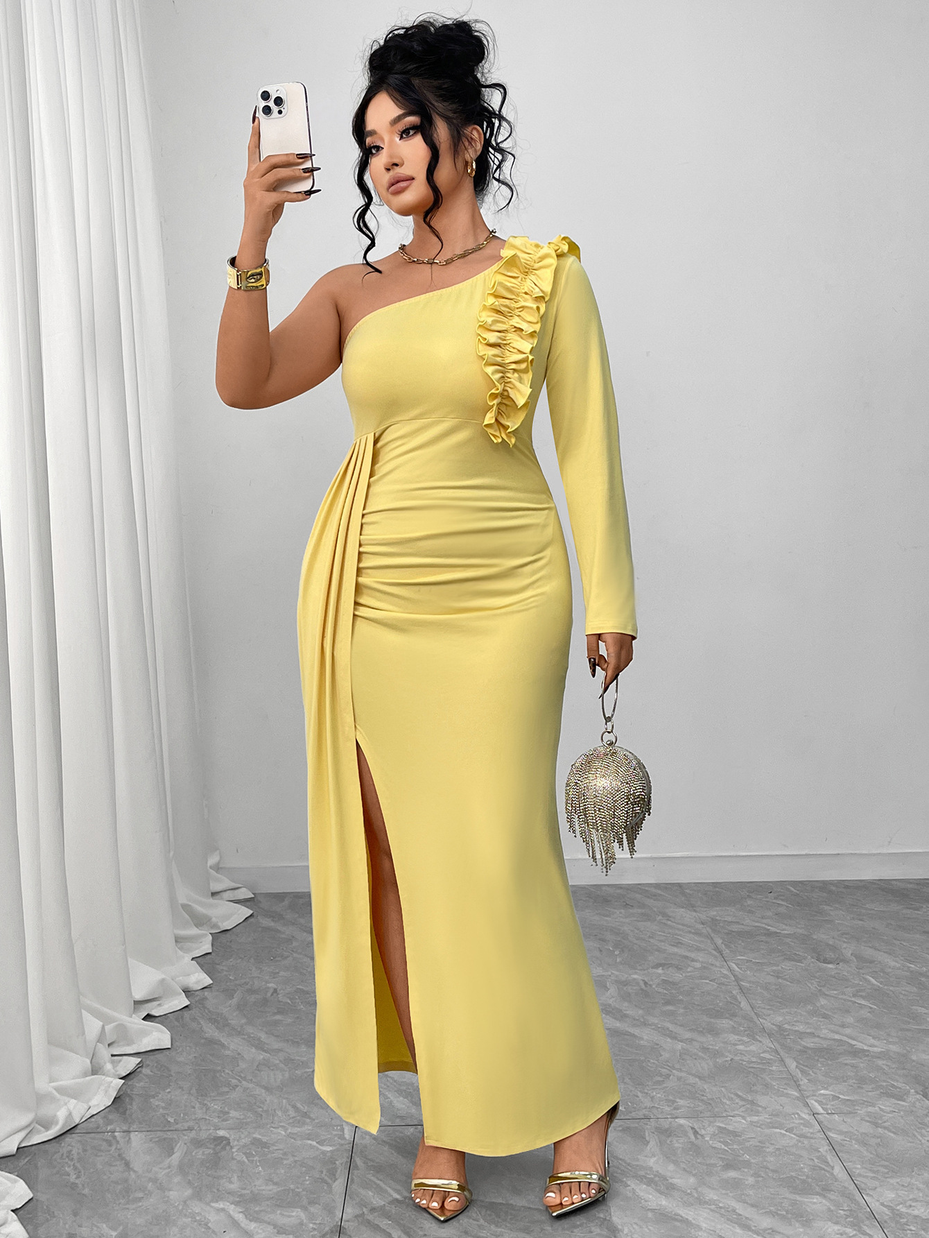 One-Shoulder Ruffle Slit Maxi Dress | Curvy Women's Elegant Formal Party Dress