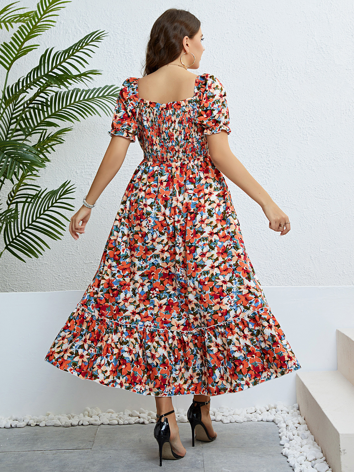 Floral Print Square Neck Smocked Waist Maxi Dress | Casual Curvy Summer Dress