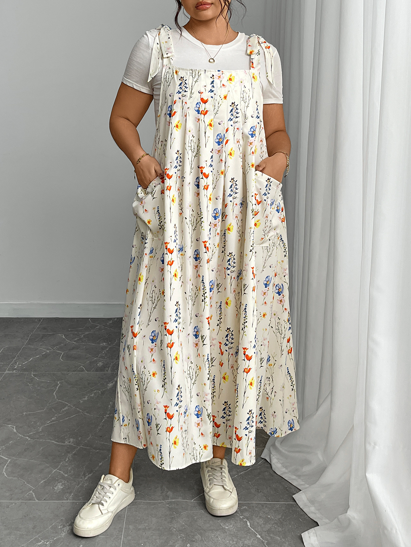 Tie Shoulder Pleated Maxi Pinafore Dress | Year-Round Casual Loose Fit Curvy Overall Dress