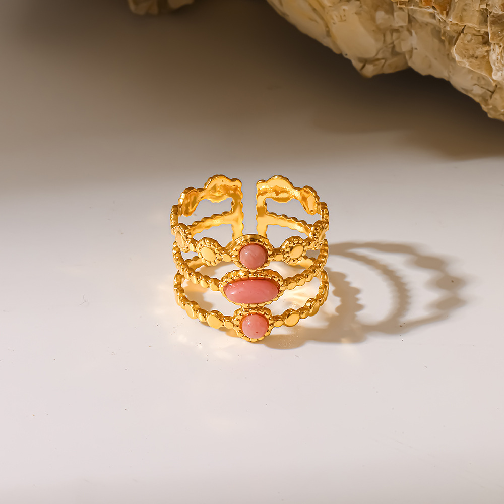 18K Gold Vintage Triple Beaded Open Cuff Ring with Natural Pink Stones