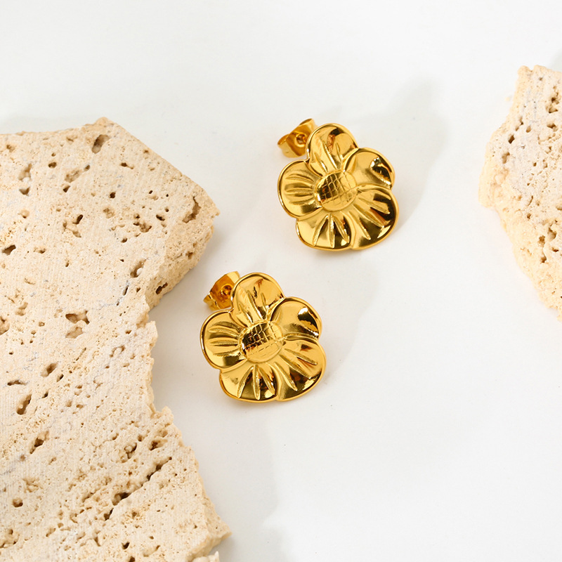 Textured Four-Petal Floral Stainless Steel Studs