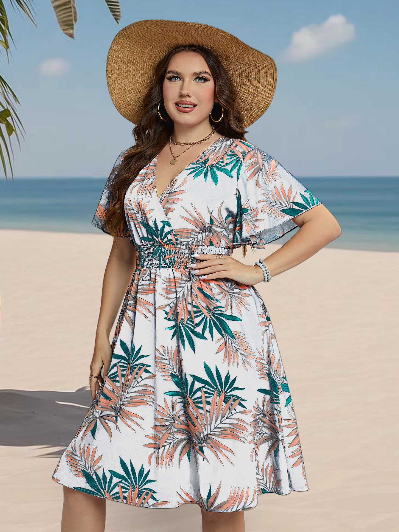 Tropical Palm Print Surplice V-Neck Flutter Sleeve Midi Dress | Curvy Vacation Casual Dress