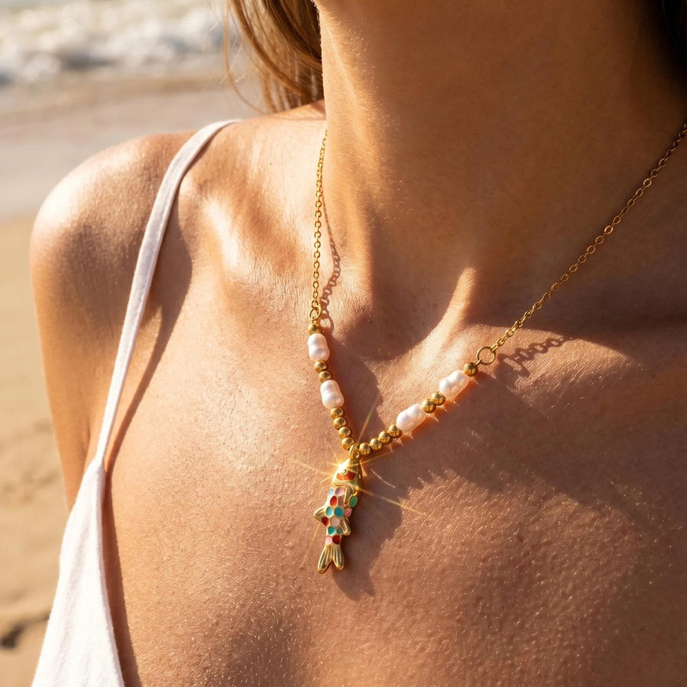 Multicolor Enamel Koi Necklace with Pearl-Bead V Front