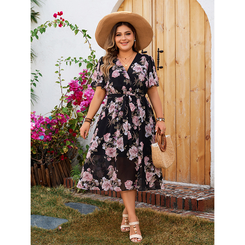 Floral Wrap V-Neck Chiffon Midi Dress | Curvy Women's Flowy Short Sleeve Dress
