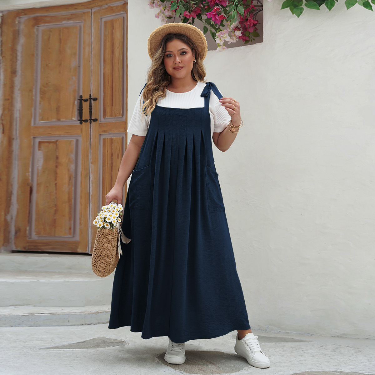 Tie Shoulder Pleated Maxi Pinafore Dress | Year-Round Casual Loose Fit Curvy Overall Dress