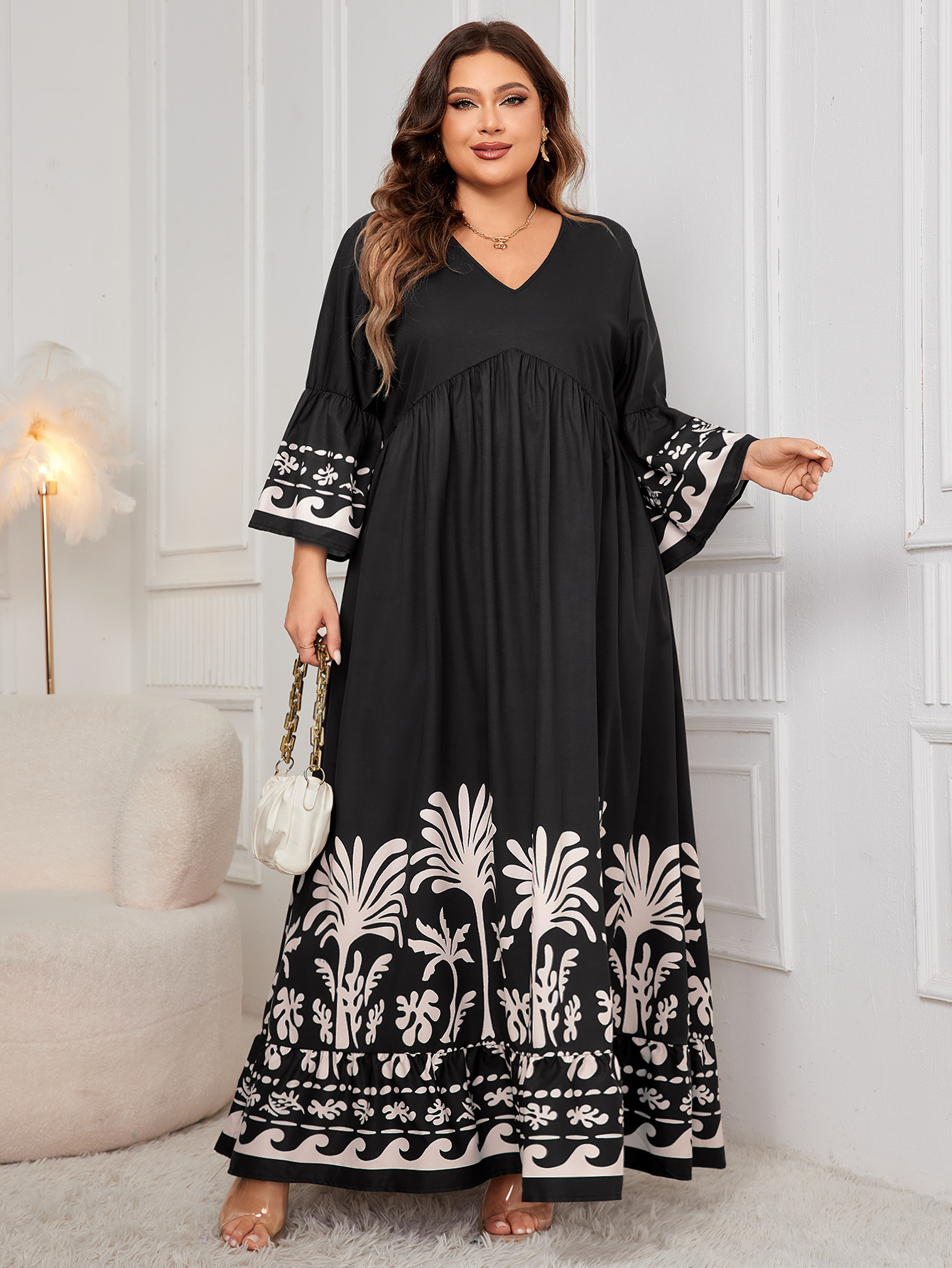 Tropical Print V-Neck Flare Sleeve Maxi Dress | Curvy Women's Resort Wear