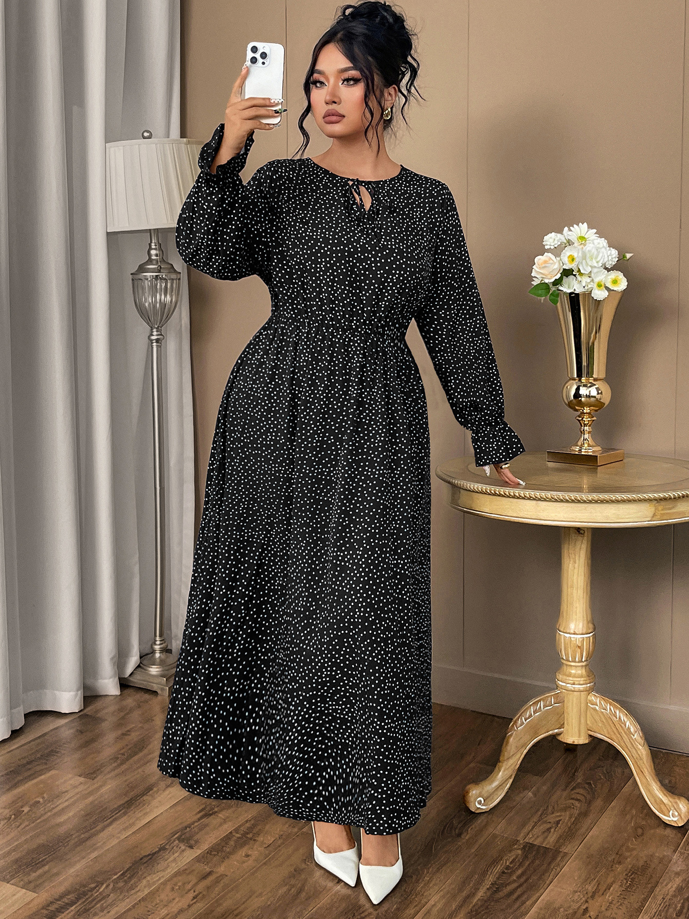 Polka Dot Tie Neck Long Sleeve Maxi Dress | Year-Round Casual Curvy A-Line Dress